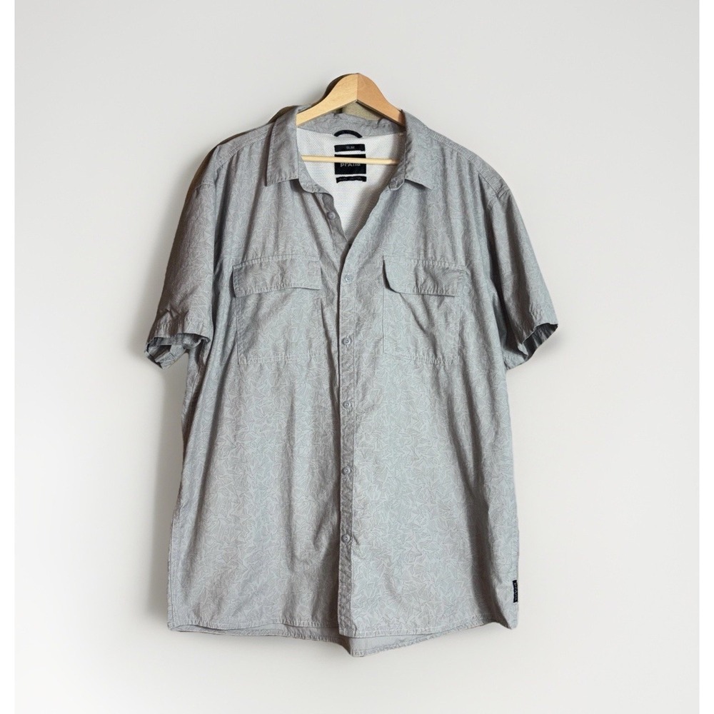 prAna Men's Short Sleeve Button Up Shirt Size XXL Vented Gray Slim Fit Pockets